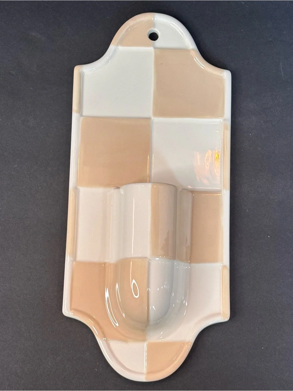 Anthropologie Mari Stoneware Wall Pocket Vase Checkered Gingham NWT